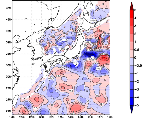 海面~740m月平均表層水温偏差分布