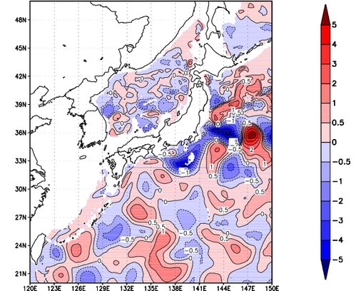 海面~740m月平均表層水温偏差分布