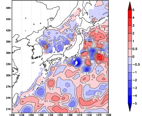 海面~740m月平均表層水温偏差分布
