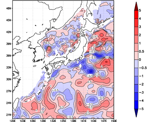 海面~740m月平均表層水温偏差分布