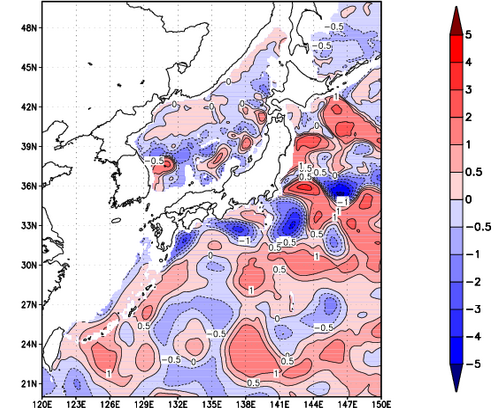 海面~740m月平均表層水温偏差分布