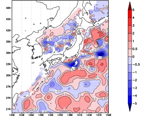 海面~740m月平均表層水温偏差分布
