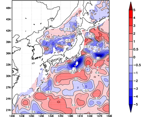 海面~740m月平均表層水温偏差分布