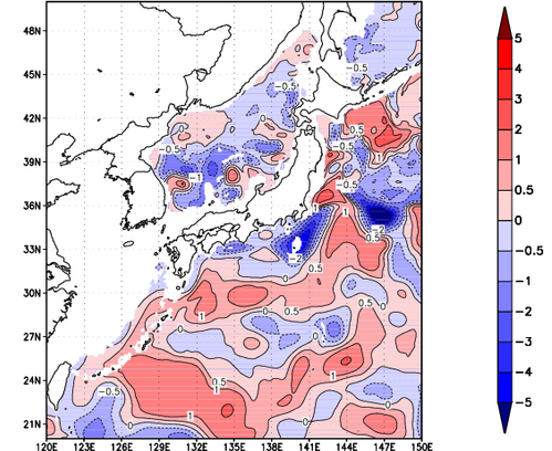 海面~740m月平均表層水温偏差分布