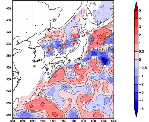 海面~740m月平均表層水温偏差分布