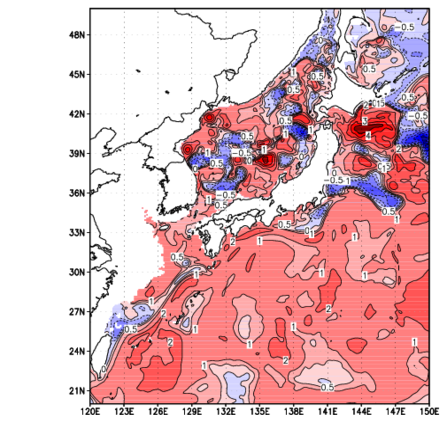海面~100m月平均表層水温偏差分布