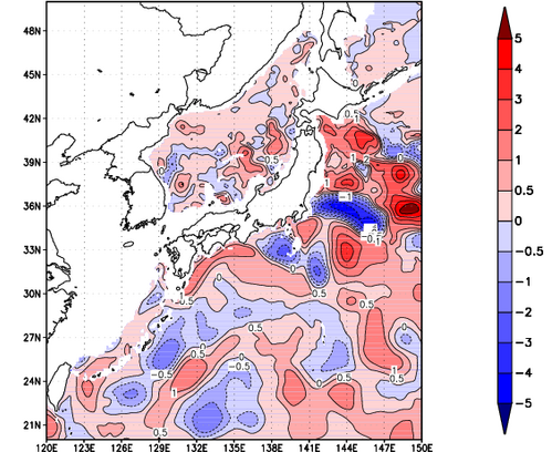海面~740m月平均表層水温偏差分布