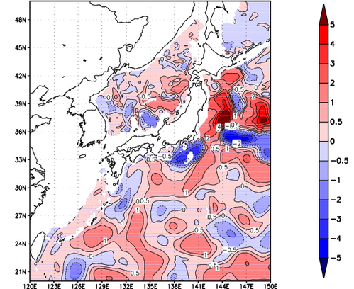 海面~740m月平均表層水温偏差分布
