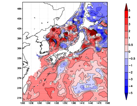 海面~100m月平均表層水温偏差分布