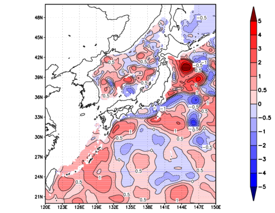 海面~740m月平均表層水温偏差分布