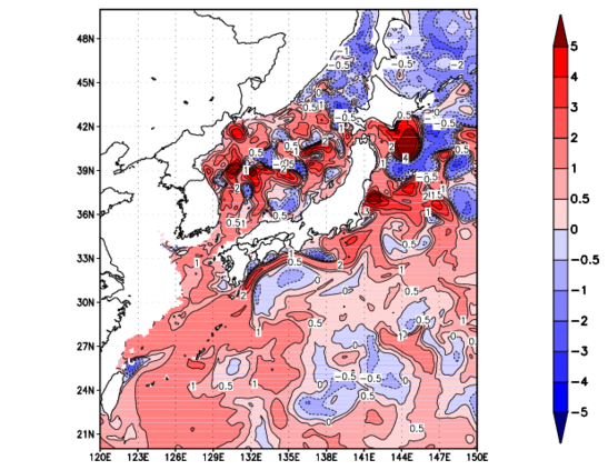 海面~100m月平均表層水温偏差分布