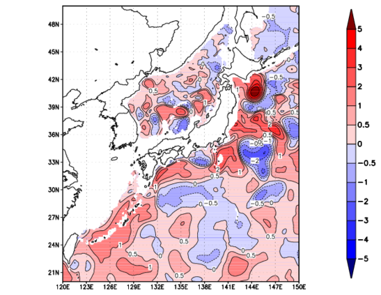海面~740m月平均表層水温偏差分布