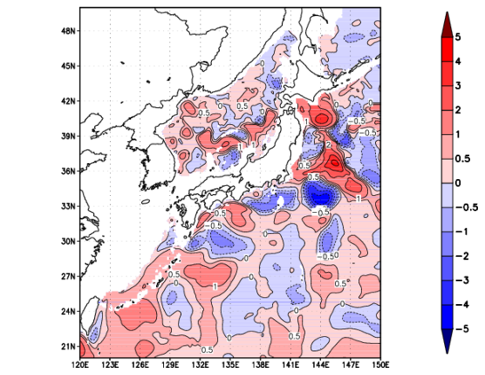 海面~740m月平均表層水温偏差分布