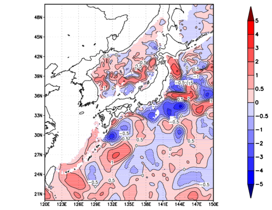 海面~740m月平均表層水温偏差分布