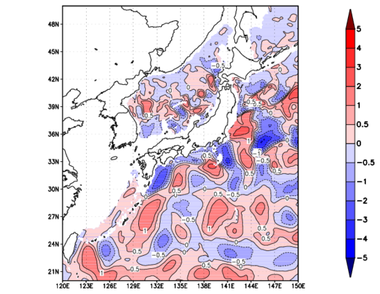 海面~740m月平均表層水温偏差分布