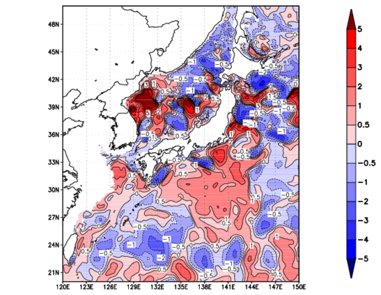 海面~100m月平均表層水温偏差分布