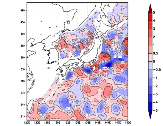海面~740m月平均表層水温偏差分布