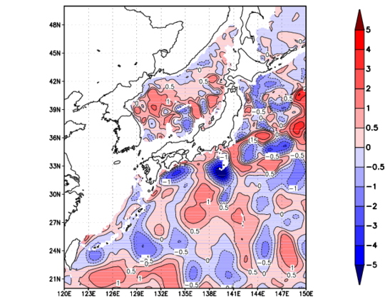 海面~740m月平均表層水温偏差分布