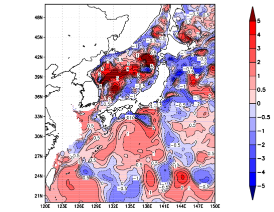 海面~100m月平均表層水温偏差分布