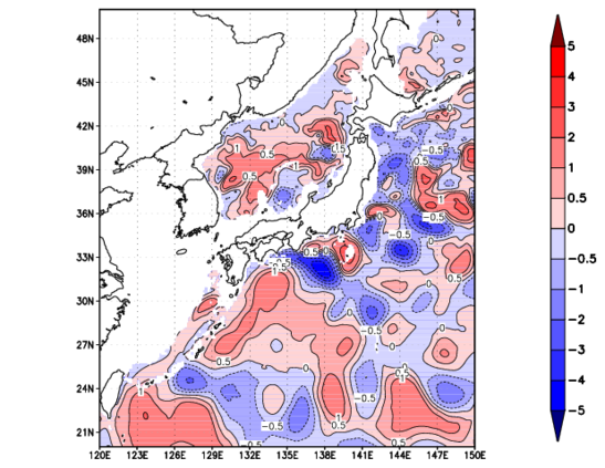 海面~740m月平均表層水温偏差分布