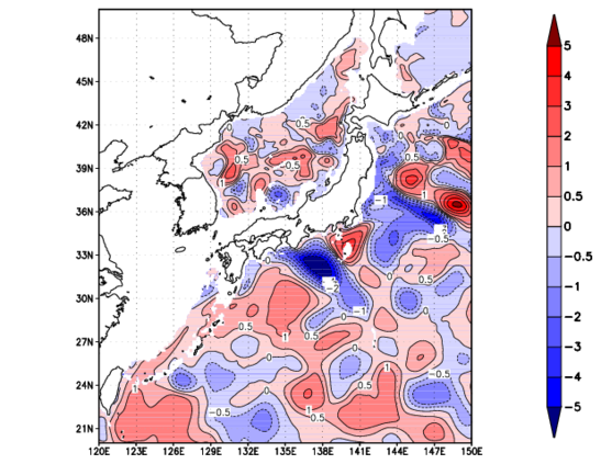 海面~740m月平均表層水温偏差分布