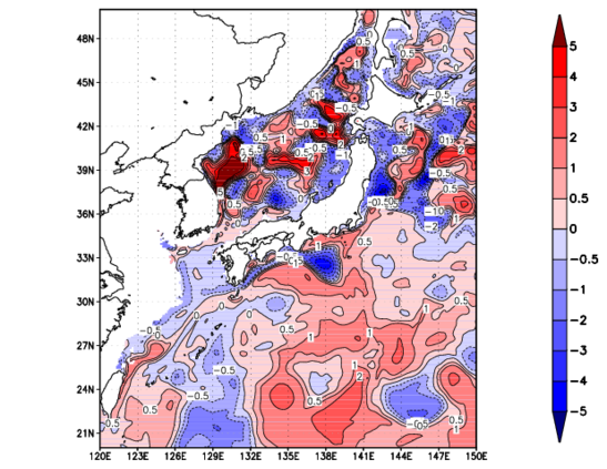 海面~100m月平均表層水温偏差分布
