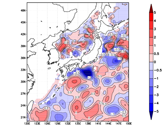 海面~740m月平均表層水温偏差分布