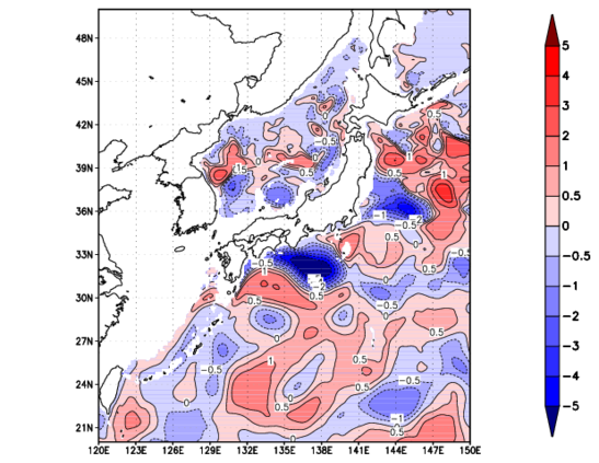 海面~740m月平均表層水温偏差分布