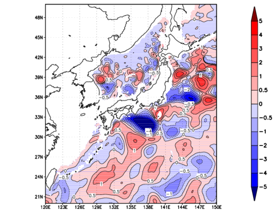 海面~740m月平均表層水温偏差分布
