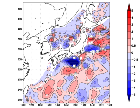海面~740m月平均表層水温偏差分布