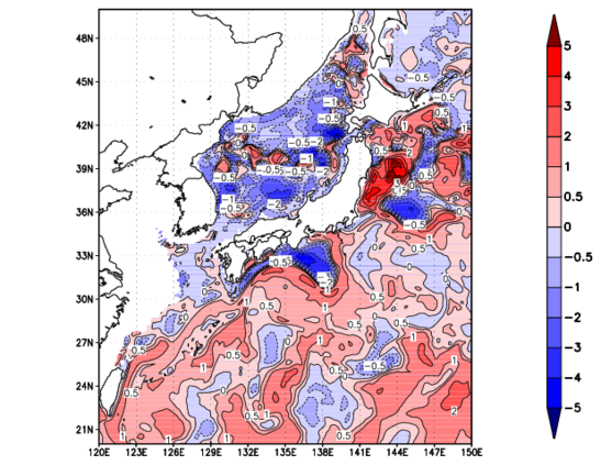 海面~100m月平均表層水温偏差分布