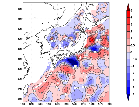 海面~740m月平均表層水温偏差分布