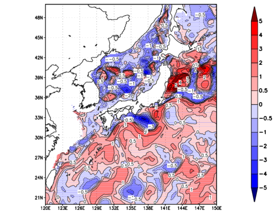 海面~100m月平均表層水温偏差分布