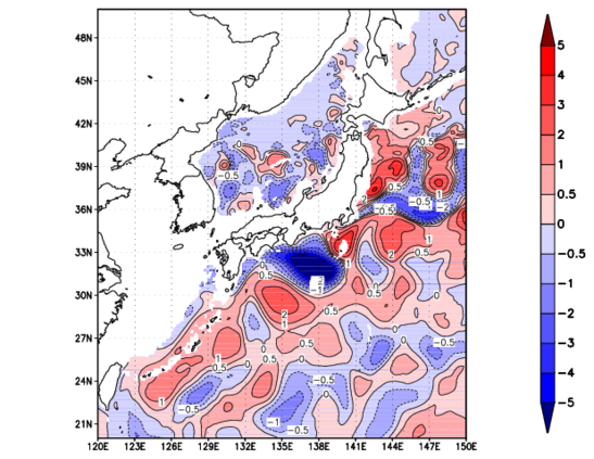 海面~740m月平均表層水温偏差分布
