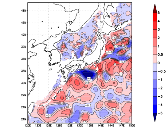 海面~740m月平均表層水温偏差分布
