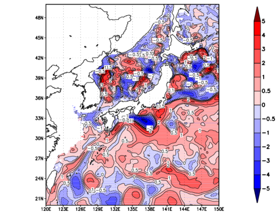 海面~100m月平均表層水温偏差分布
