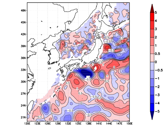海面~740m月平均表層水温偏差分布