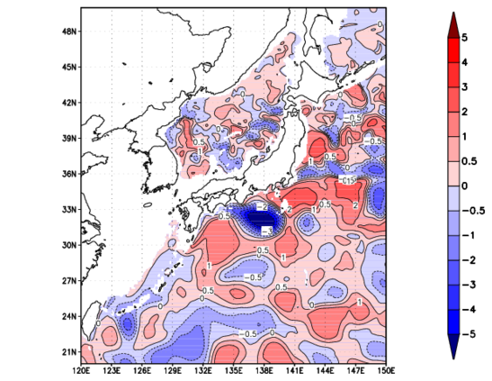 海面~740m月平均表層水温偏差分布