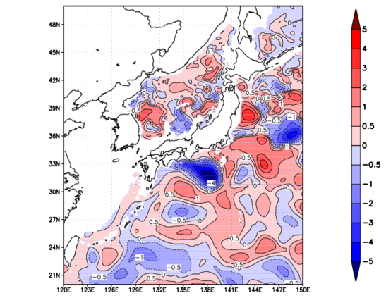 海面~740m月平均表層水温偏差分布