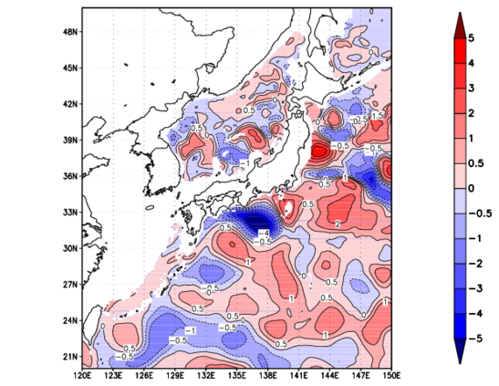 海面~740m月平均表層水温偏差分布