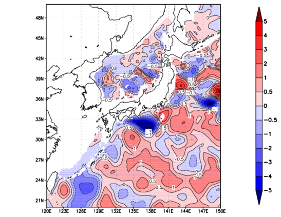 海面~740m月平均表層水温偏差分布
