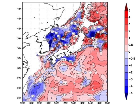 海面~100m月平均表層水温偏差分布