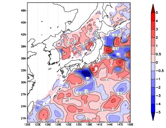 海面~740m月平均表層水温偏差分布