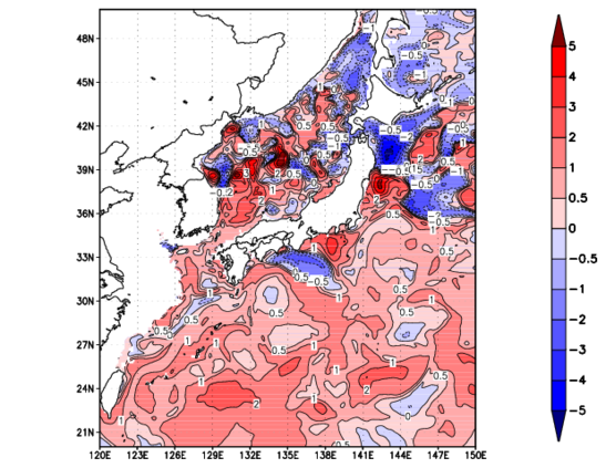 海面~100m月平均表層水温偏差分布