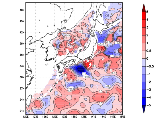 海面~740m月平均表層水温偏差分布