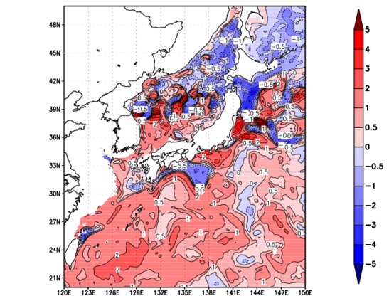 海面~100m月平均表層水温偏差分布