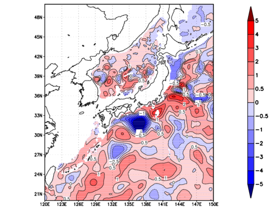 海面~740m月平均表層水温偏差分布