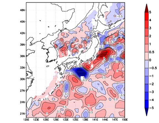 海面~740m月平均表層水温偏差分布