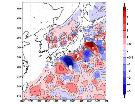 海面~740m月平均表層水温偏差分布