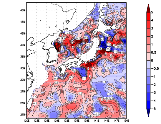 海面~100m月平均表層水温偏差分布